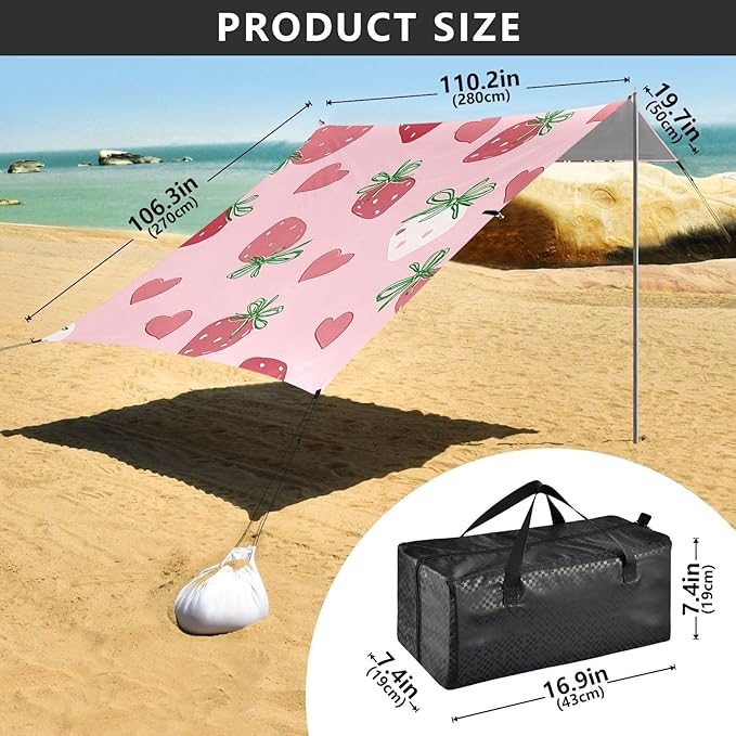 ALAZA Strawberry Bow Heart Pattern Beach Tent Sun Shelter Portable Canopy Sunshade for Outdoor Camping Picnics Backyard Fun 10x9 ft