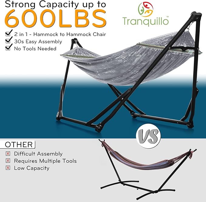 Tranquillo UniGen Hammock Hammock Stands Heavy Duty Indoor/Outdoor Hammock with Signature Steel Stand 600lbs Premium Foldable Durable 2-Layered Soft Polyester Grey
