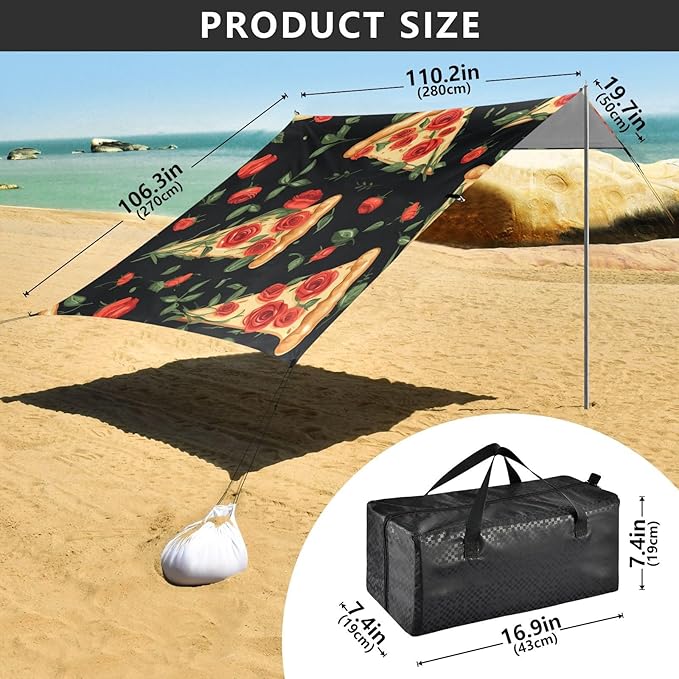 ALAZA Pizza Slice Rose on Black Beach Tent Sun Shelter Portable Canopy Sunshade for Outdoor Camping Picnics Backyard Fun 10x9 ft