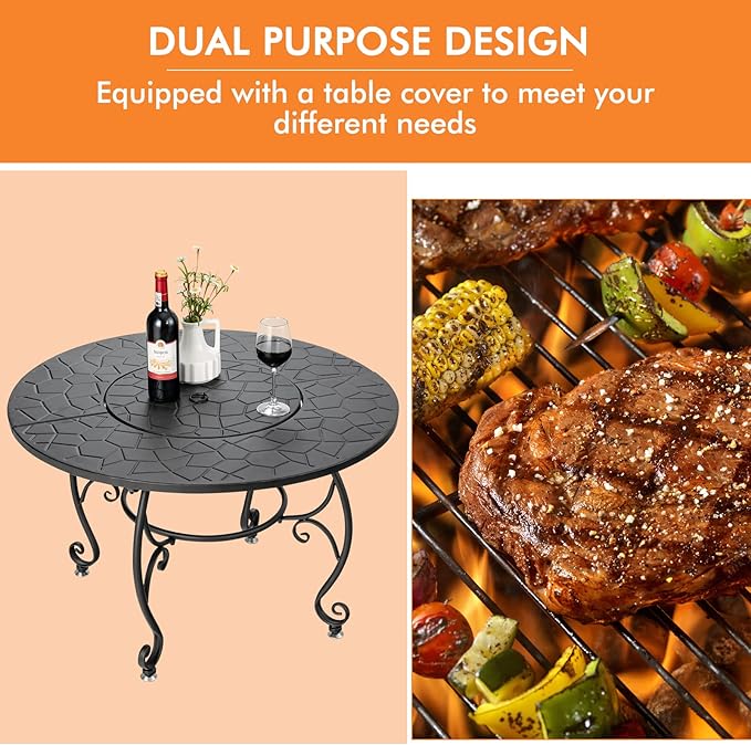 Giantex Fire Pit Table 4-in-1 Outdoor Dining Table 36 Inch Multifunctional Metal Round Patio Table Wood Burning Fire Pits with Cover Grill Grate Poker for Garden Poolside Backyard Fireplace