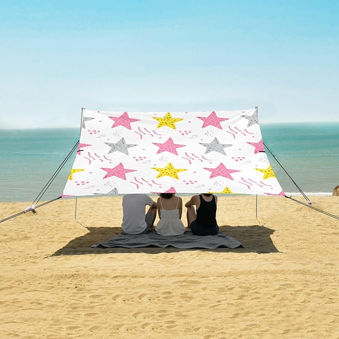 xigua Star Beach Tent Sun Shelter with Carrying Bag - Silver Coated Oxford Fabric Beach Canopy for Beach Camping Fishing - Includes Windproof Ropes Sandbags &amp Stakes