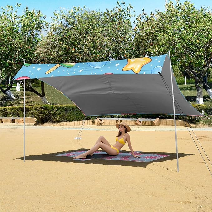 ALAZA Watermelon Popsicles Stars Ice Cubes Pattern Beach Tent Sun Shelter Portable Canopy Sunshade for Outdoor Camping Picnics Backyard Fun 10x9 ft