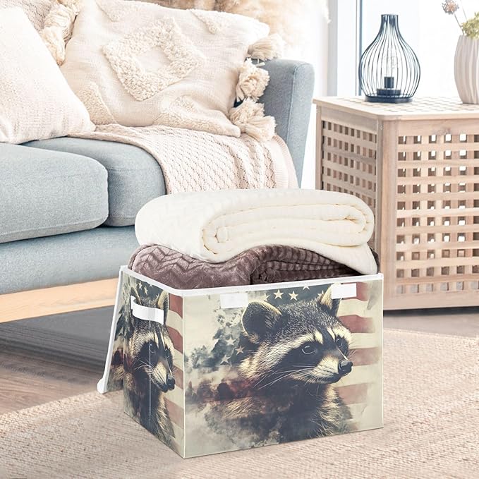 Storage Cube with Lid Raccoon American Print 16.5×12.6×11.8 IN Collapsible Large Capacity Foldable Storage Basket Bin Organizer