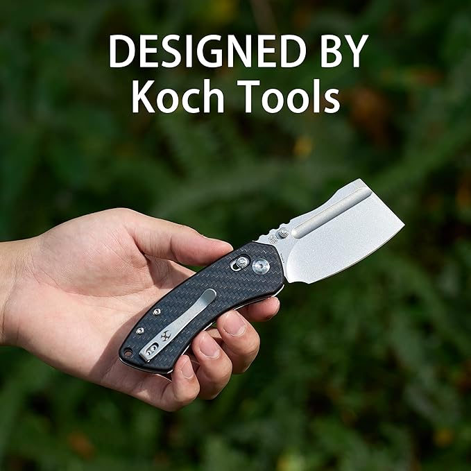 KANSEPT Korvid V Pocket Knife 2.91'' America Stonewashed D2 Blade Twill Carbon Fiber Handle Thumb Stud with Crossbar Lock Double Sided Clip for EDC Camping Folding Knives TE2030V7