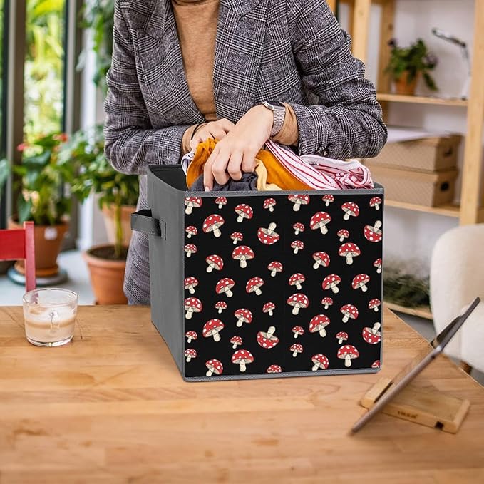 Collapsible Storage Bins with Handles Black Red Mushroom Lovers Foldable Cube Organizer Box for Closet Shelf Toy Storage Space-Saving Home &amp Office Decor