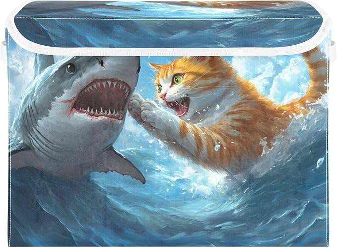 Storage Cube with Lid Cat and Fish Print 16.5×12.6×11.8 IN Collapsible Large Capacity Foldable Storage Basket Bin Organizer