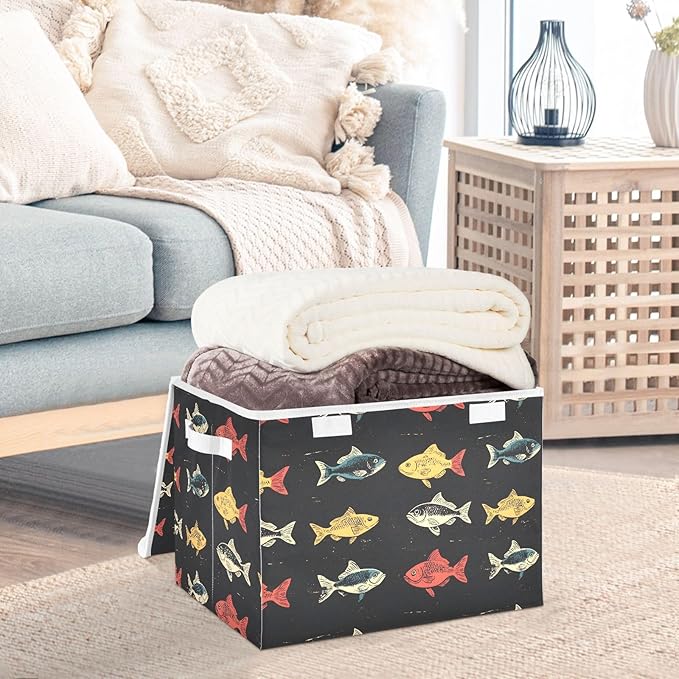 Fishes Pattern Storage Cube Bins Basket with Lid Collapsible Flip-top Fabric with Handle for Home Bedroom Closet Office 16.5×12.6×11.8 in