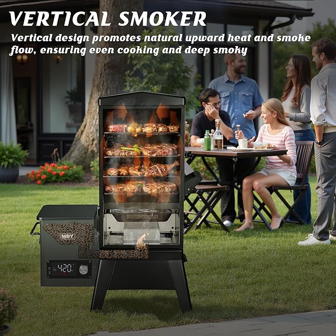 Electric Pellet Smoker with Rainproof Cover Vertical Wood Pellet Smokers Grill With Hook Meat Probe LED Display Temperature Control