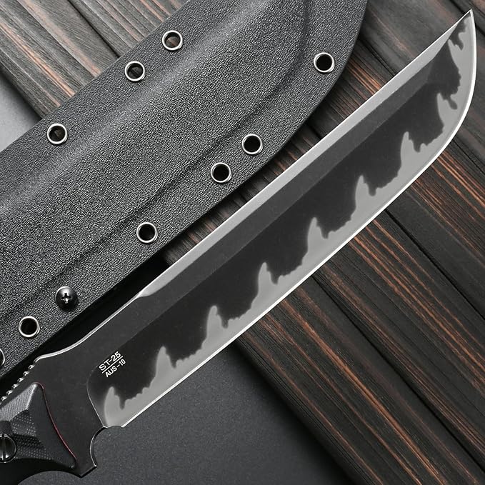 Sitivien ST25 Fixed Blade Knife AUS-10 Black Stonewashed Steel Blade G10 Handle Full Tang EDC Tool Straight Knife for Working Camping Hunting(Black)