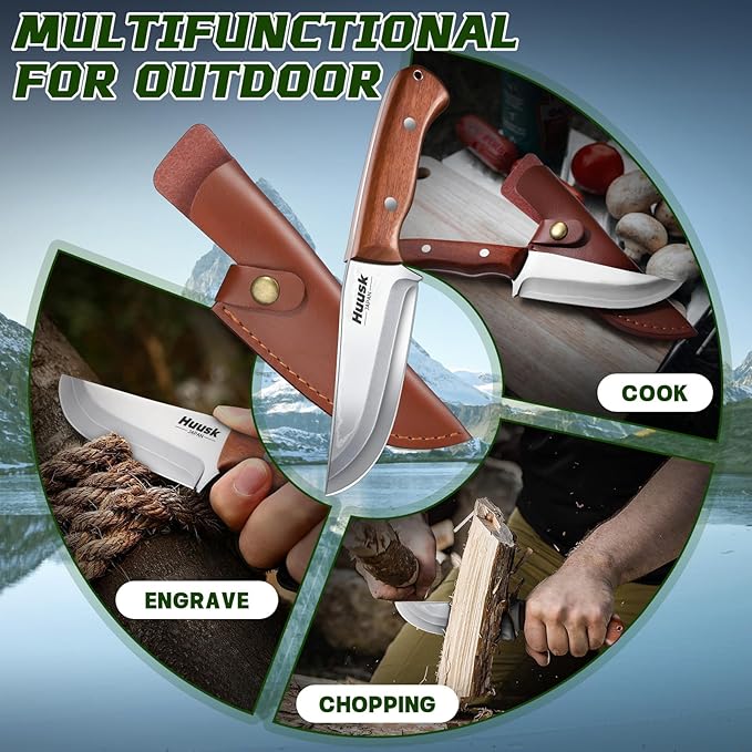 Huusk Bushcraft Knife Fixed Blade Hunting Knives with Leather Sheath 5 Survival Knife Japan Carbon Steel Full Tang Outdoor Camping Knives for Men Dad Present