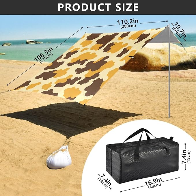 ALAZA Yellow Brown Cow Pattern Beach Tent Sun Shelter Portable Canopy Sunshade for Outdoor Camping Picnics Backyard Fun 10x9 ft