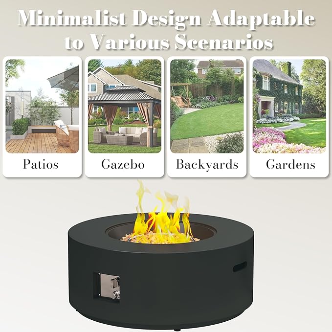 32.5 Inch Propane Fire Pit Table 50000 BTU Round Patio Fire Pit Table Outdoor CSA Certified Stainless Burner with Steel Lid Waterproof Cover &amp Lava Rocks for Garden Backyard Black