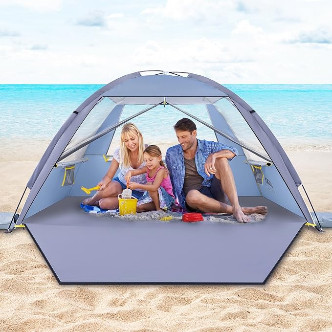 Happy Travel Beach Tent Sun Shelter for 3/4/5/6/7/8 Person Portable UPF 50+ UV Protection Beach Shade Canopy for Family &amp Baby Lightweight &amp Easy Setup Beach Cabana with 3 Ventilation Mesh W