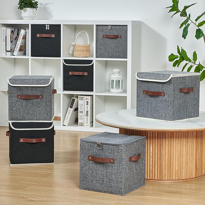 4PCS Storage Cubes with Lid Fabric Storage Bins Boxes PU Leather Handles Cotton Linen Closet Organizer Container Decorative Foldable Washable Shelf Cloth Basket (Flip-top Lid Gray 11in)