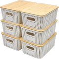 4 Quart Plastic Storage Bin with Bamboo Lid Stackable Small Box Baskets Pantry Decorative Containers for Shelves Closet Pantry Office Home White 6 Pack