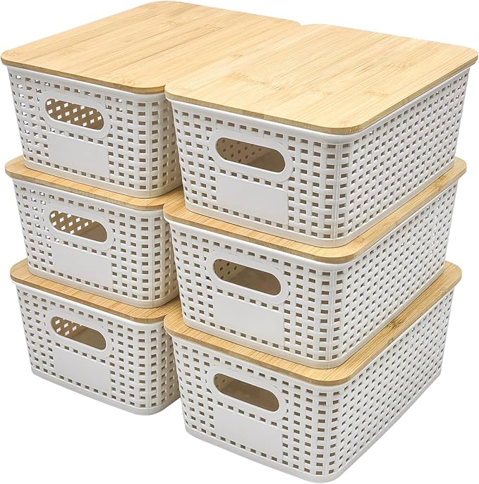 4 Quart Plastic Storage Bin with Bamboo Lid Stackable Small Box Baskets Pantry Decorative Containers for Shelves Closet Pantry Office Home White 6 Pack