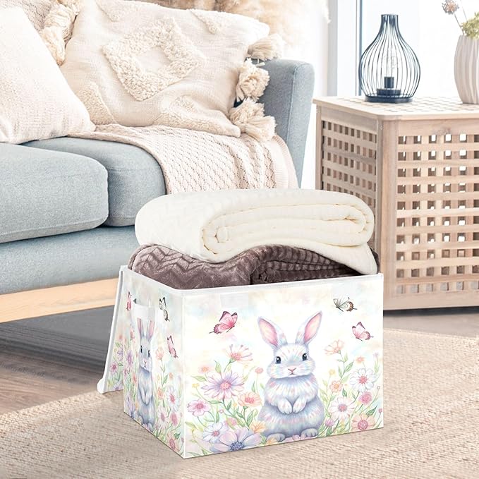 Bolaz Happy Easter Day Bunny Eggs Spring Flowers05 Storage Bins with Lids and Handles Foldable Storage Box Storage Basket with Cover Collapsible Organizer Containers for Home Closet Shelves