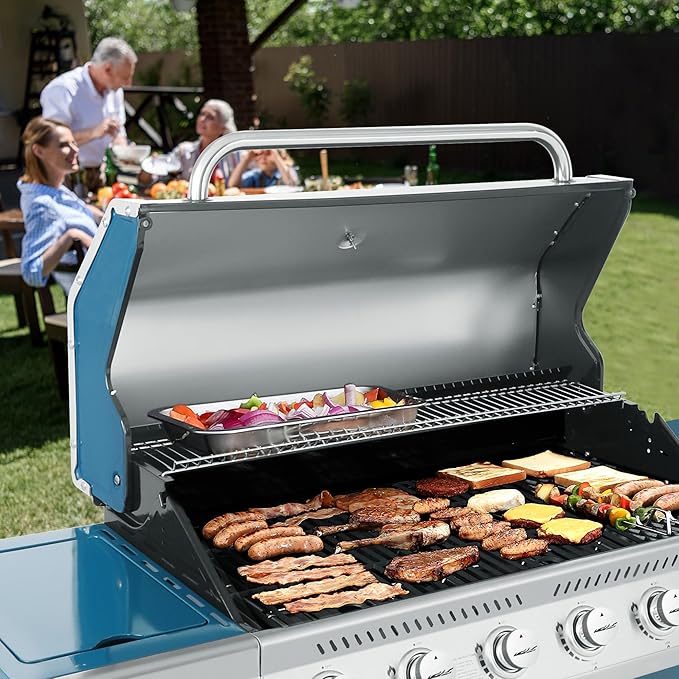 Royal Gourmet GA6402B 6 Burner Propane Gas Grill with Side Burner and Warming Rack 74000 BTUs Cabinet Style Gas BBQ Grill for Barbecue Grilling &amp Backyard Cooking Blue