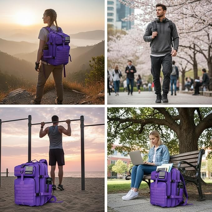 45L Military Tactical Backpack for Men &amp Women Bug Out Bag Assault pack Molle Daypack Hiking Trekking Rucksack (2.0 side pockets (purple))
