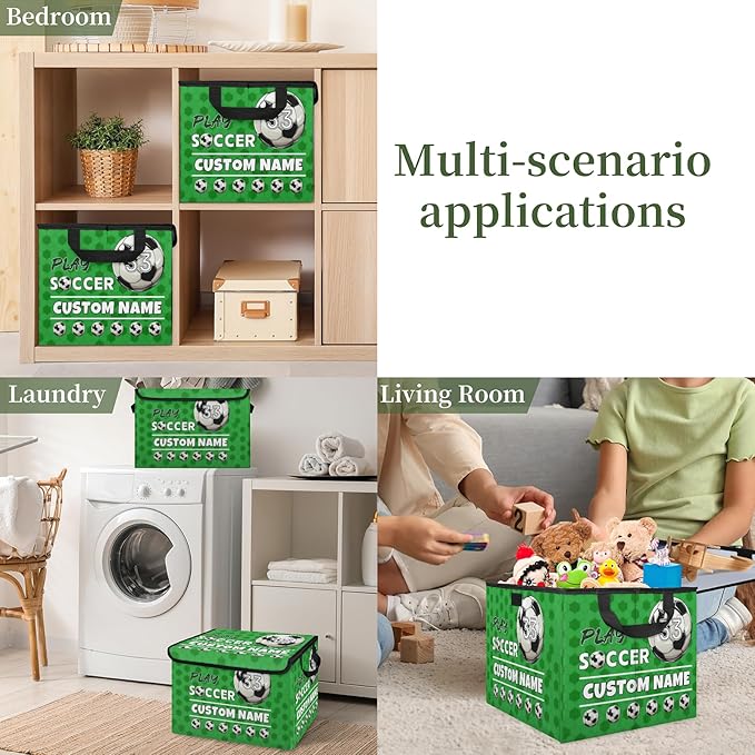 Soccer Custom Storage Bins with Lid Foldable Fabric Personalized Storage Basket Box with Handle Storage Organizer Container for Home Bedroom Closet