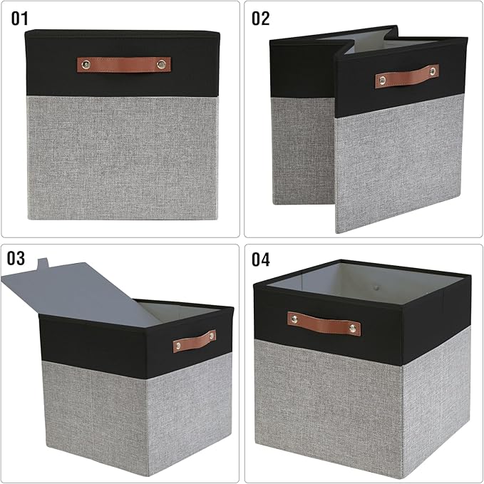 Collapsible Fabric Storage Cube Bins with 2 Reinforced PU Handles Foldable Storage Organizer Baskets for Closet Shelves Living Room | 11x11x11 4 Pack Black &amp Gray