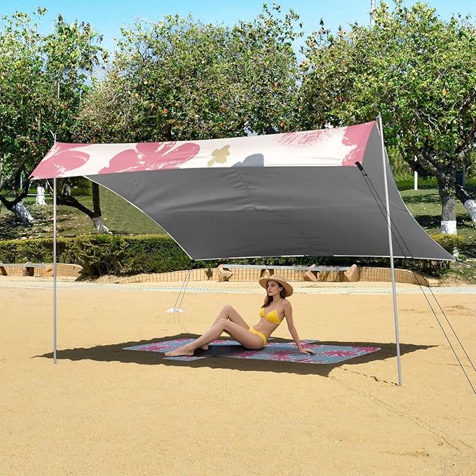 Cute Colorful Flowers Beach Tent Sun Shelter Set UPF50+ UV Protection 10.5 x 9.19 FT Camping Shade Canopy with Sandbags Sand Anchors Carrying Bag and Others