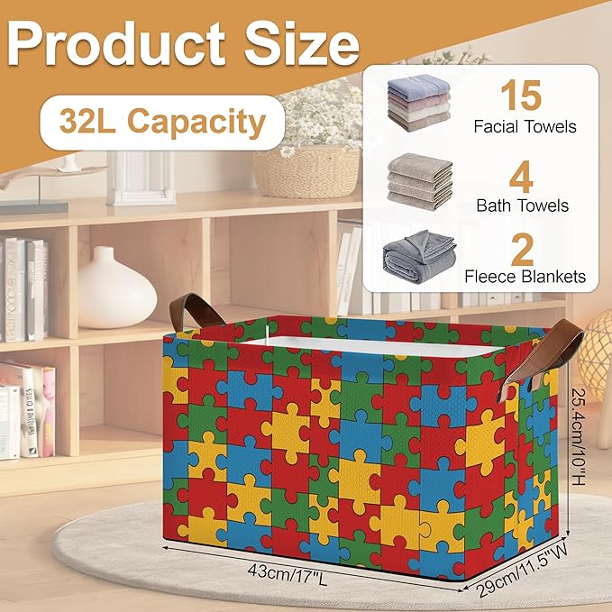 Jigsaw Storage Bins with Handles Collapsible Storage for Clothes Gift Basket Blankets &amp Closet Organization
