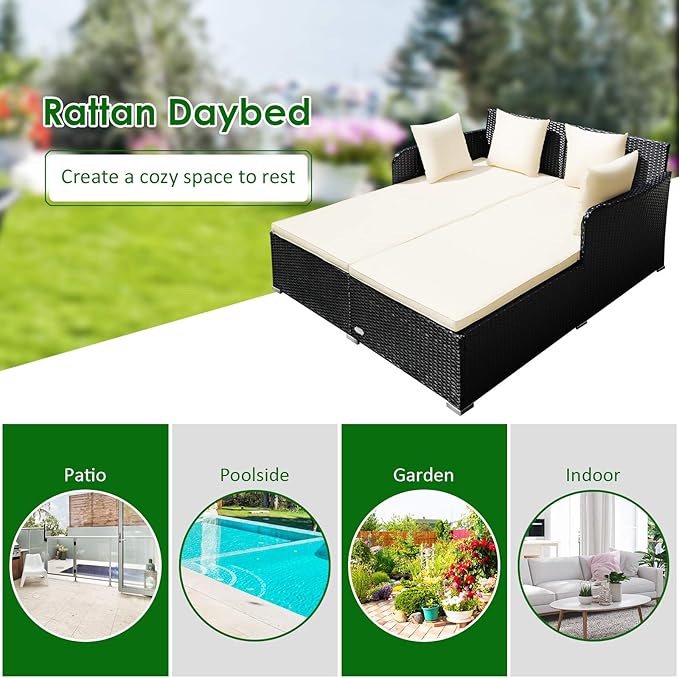 Tangkula Outdoor Rattan Daybed Wicker Furniture with Spacious Seat Upholstered Cushion &amp High-Resilience Sponge Patio Sofa Set with 4 Pillows 2-Person Sunbed for Poolside Backyard Garden &amp