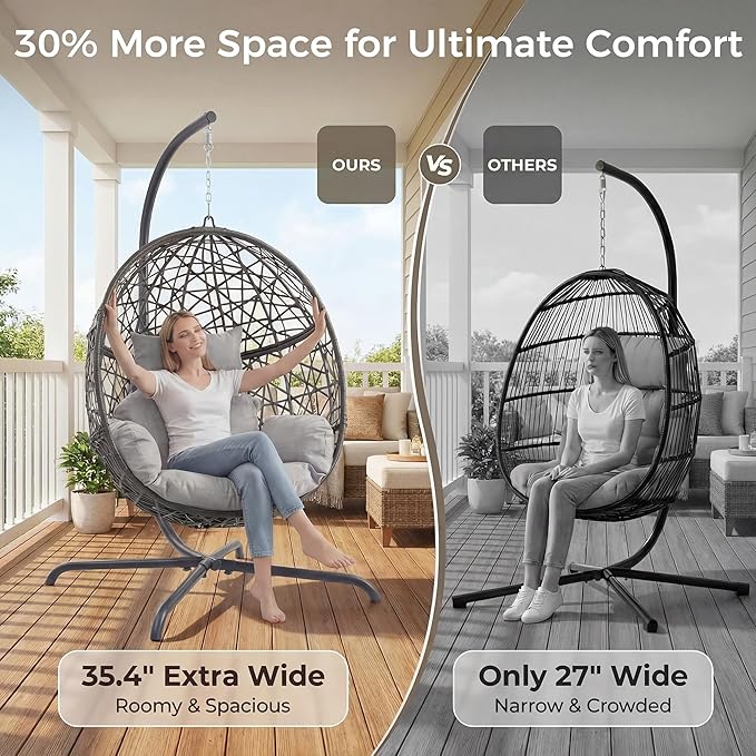 RADIATA Hanging Egg Chair with Stand Outdoor Egg Swing Chair with Cozy Cushion 350lbs Rattan Bird Nest Eggshell Basket Seat Patio Swinging Chair for Indoor Balcony Porch Grey