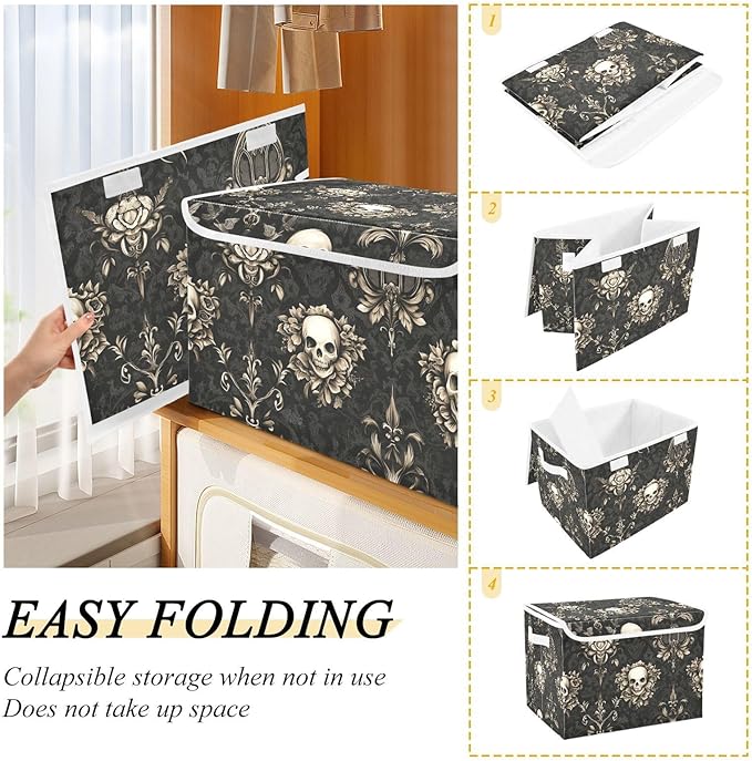 Collapsible Storage Bins with Lids Decorative Fabric Storage Cubes Closet Organizer and Storage Basket Boxes Containers for Clothes Box Chest Folding Rectangle Gothic Brown Skulls
