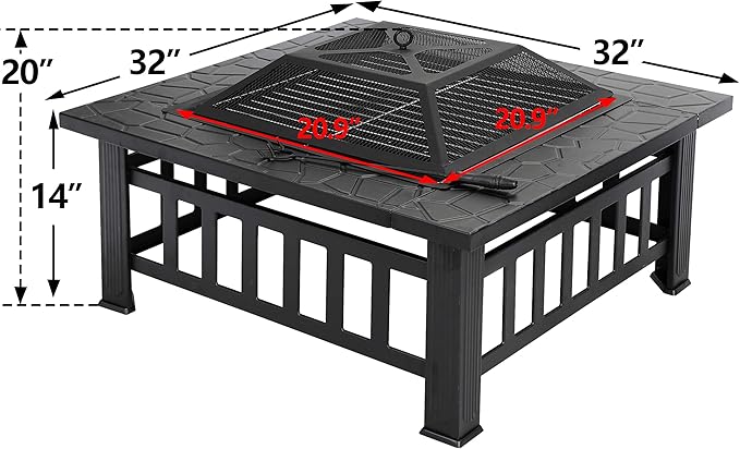 LEMY 32 Inch Outdoor Fire Pit Table Wood Burning Firepit Stove with Lid for Camping&ampBBQ Garden Backyard