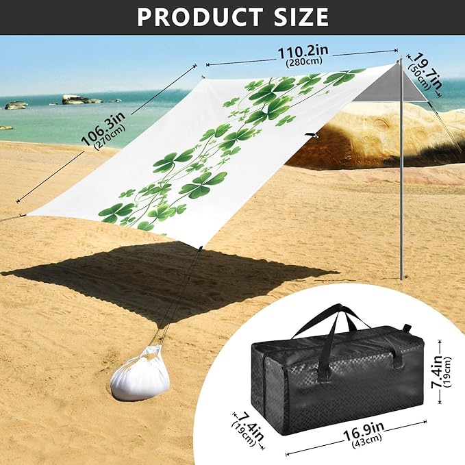 ALAZA St. Patrick's Day Clover Leaves Green Beach Tent Sun Shelter Portable Canopy Sunshade for Outdoor Camping Picnics Backyard Fun 10x9 ft