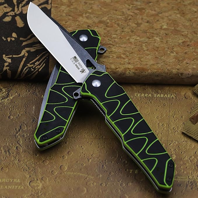 WPKOPYA 8.4in Folding Knife AUS-8 Steel Blade G10 Handle with Anti-Slip Texture Ball Bearing Pivot Stonewashed Finish EDC Pocket Knife for Camping Hiking Survival (AUS-8 (G10 black/green))
