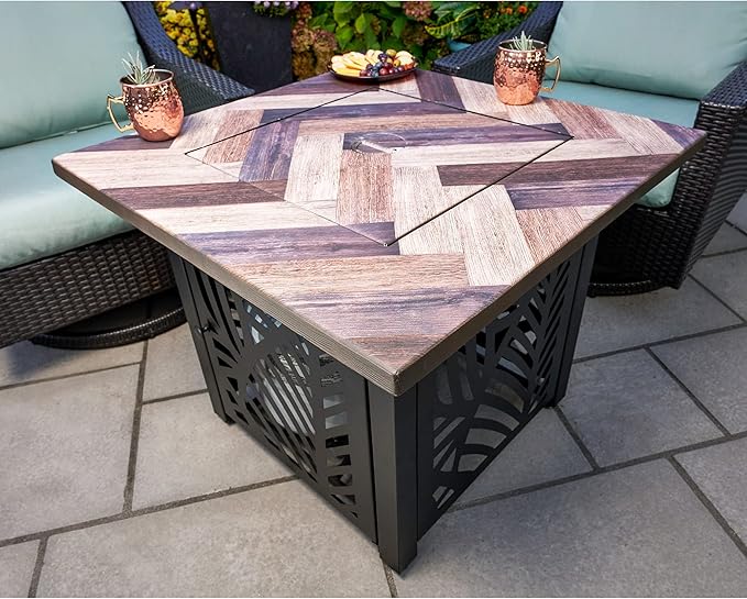 Endless Summer Darby 30 Inch Square Outdoor UV Printed 50000 BTU LP Gas Fire Pit Table with Faux Wood Mantel and Stamped Steel Base