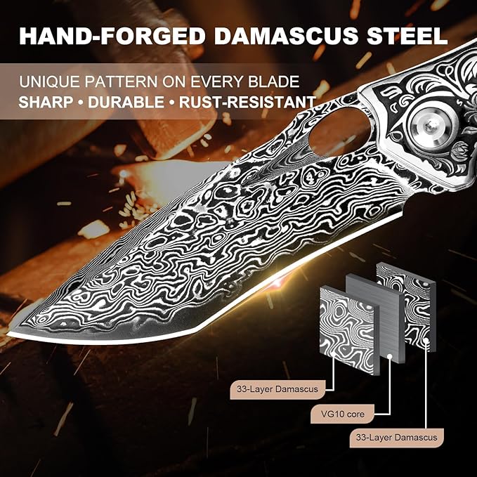 2-PCS VG10 Damascus Pocket Knife Set for Men — Folding Knife with Leather Sheath for Gifting Collecting&amp Outdoor Use