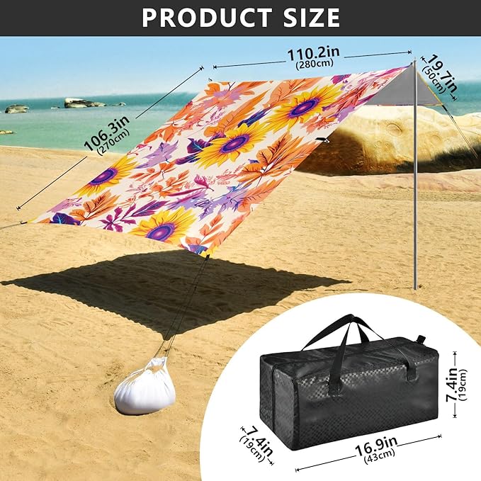 Beach Canopy with Windproof Ropes &amp Sandbags Beach Tent Sun Shade Sun Shelter for Camping Trips Fishing Backyard Fun or Picnics Flowers