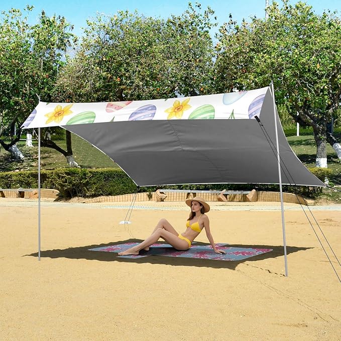 xigua Easter Egg Beach Tent Sun Shelter with Carrying Bag - Silver Coated Oxford Fabric Beach Canopy for Beach Camping Fishing - Includes Windproof Ropes Sandbags &amp Stakes