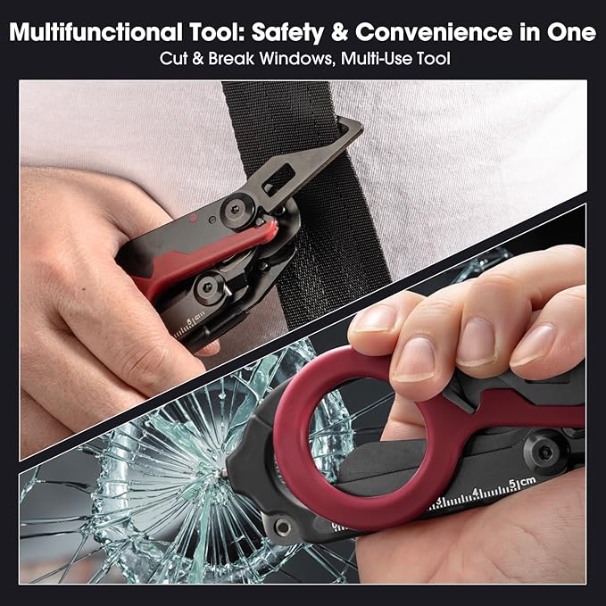 6-in-1 Heavy-Duty Emergencytrauma shears Folding Retractable Emergency Shears Outdoor Camping Tools Seat Belt Cutter Complimentary Adjustable Wrench (Electroplated black and red)