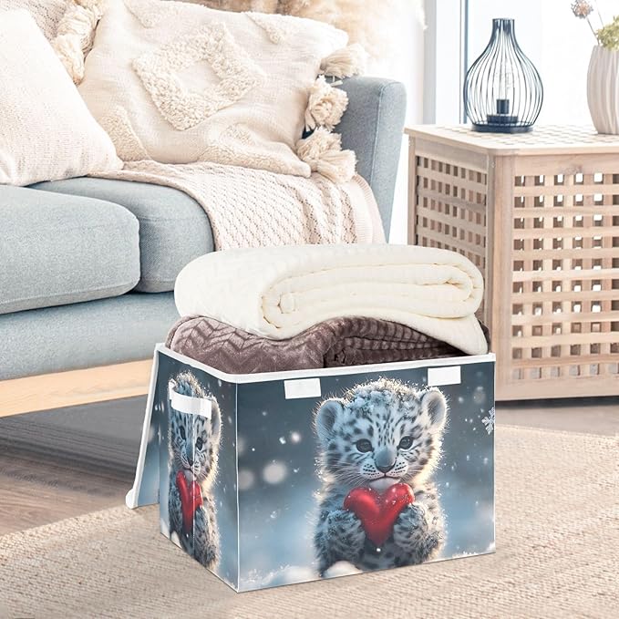AIXIWAWA Lidded Storage Cube (Snow Leopard Heart) Fabric Foldable Closet Bins with Flip Lid and Handles Organizer Basket Container 16.5 x 12.6 x 11.8 IN