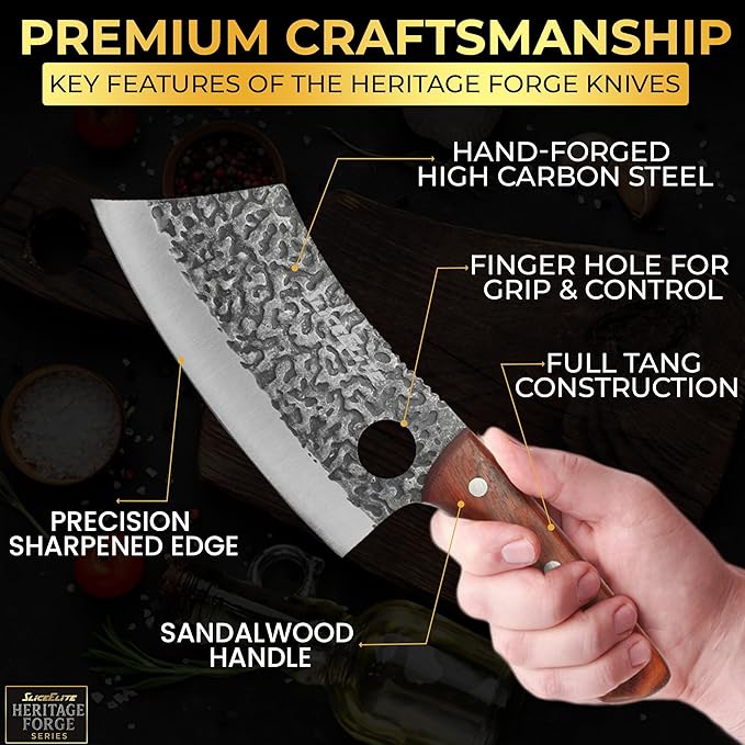 SliceElite Heritage Forge 3 Piece Butcher Knife Set Serbian Chef Meat Cleaver Viking Knife High Carbon Stainless Steel Full Tang Sandalwood Handle BBQ Grilling Camping Cooking Gift Set For Men &amp W