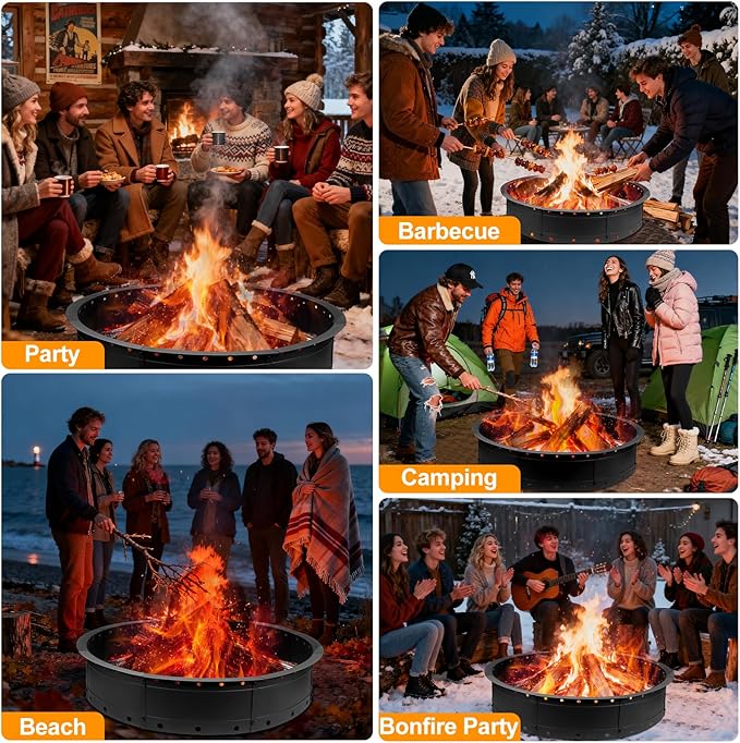 36 Inch Fire Pit Ring Large Outdoor Campfire Pit for Patio Backyard Garden Smokeless Steel Firepit with Air Vent for Efficient Burning &amp Anti-Rust Coating Black Steel