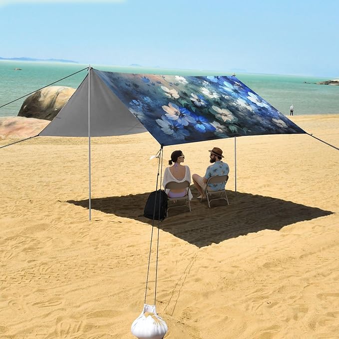 Abstract Blue Flowers Beach Tent Sun Shelter Set UPF50+ UV Protection 10.5 x 9.19 FT Camping Shade Canopy with Sandbags Sand Anchors Carrying Bag and Others
