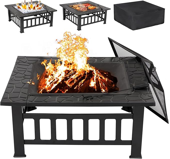 LEMY 32 Inch Outdoor Fire Pit Table Wood Burning Firepit Stove with Lid for Camping&ampBBQ Garden Backyard
