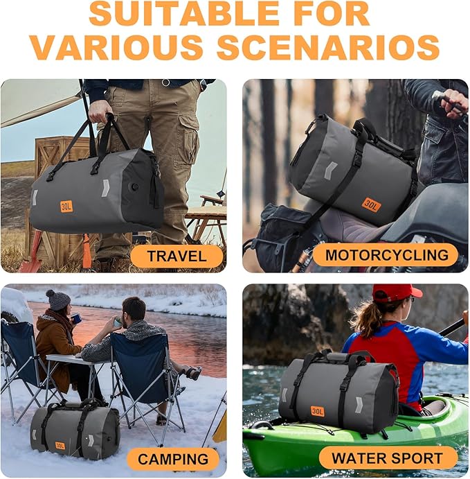 OCKLILY Waterproof Dry Bag 30L Roll-top Motorcycle Tail Bag with Air Valve &amp Quick-fixed Straps Travel Duffle Bags for Kayaking Paddle Boarding Rafting Boating Camping Riding Fishing - Grey