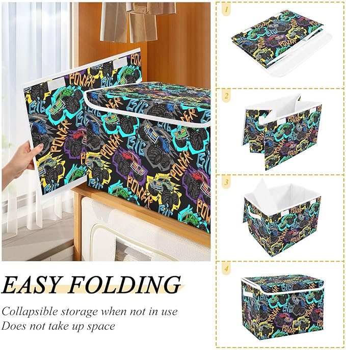 Storage Box Monster Truck Car Closet Storage Bins with Lids Foldable Oxford Fabric Storage Box for Home Bedroom Closet Office (16.5x12.6x11.8 in)