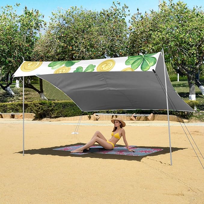 ALAZA St Patrick Day Clover Rainbow Coins Beach Tent Sun Shelter Portable Canopy Sunshade for Outdoor Camping Picnics Backyard Fun 10x9 ft