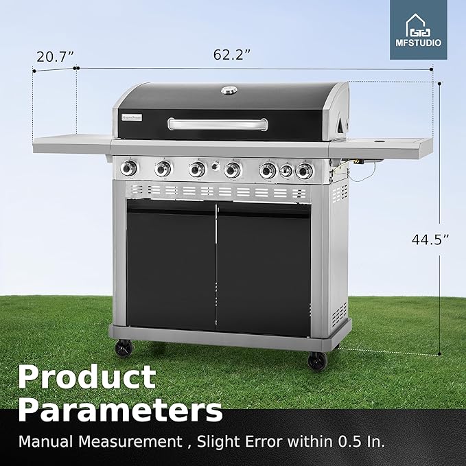MFSTUDIO 6 Burner BBQ Propane Gas Grill with Side Burner &amp Porcelain-Enameled Cast Iron Grates Grill Griddle Combo for Outdoor Barbecue 740 SQ.IN. Large Cooking Area