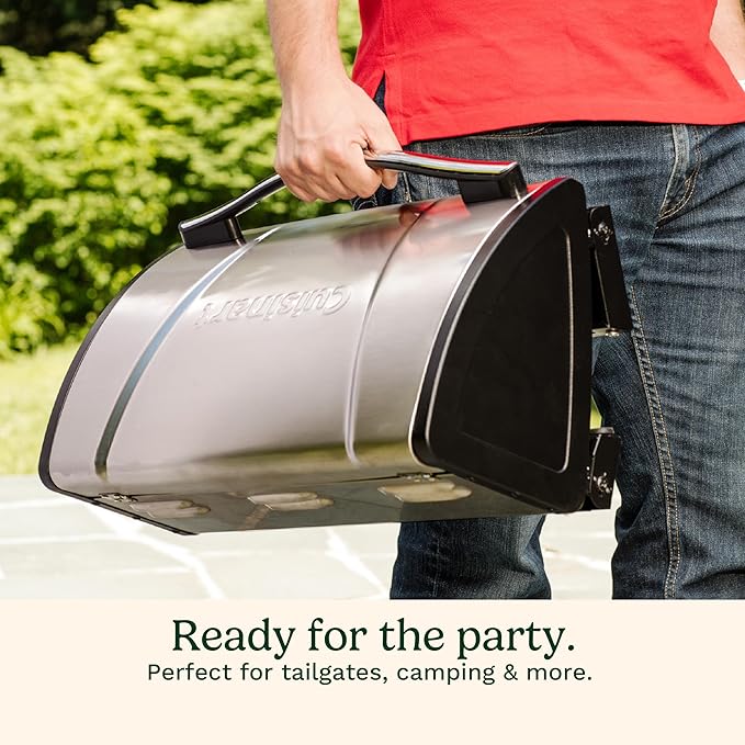 Cuisinart Grillster Portable Gas Grill Stainless Steel Compact BBQ Grill with Locking Lid for Easy Transport 8000 BTU Propane Grill with Dishwasher Safe Cooking Grate Small Grill for Camping &amp