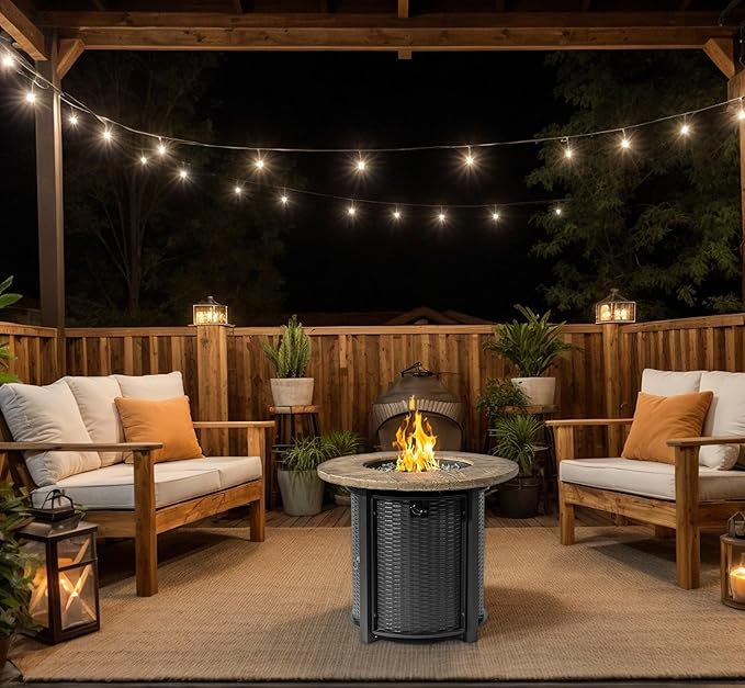 30'' Concrete Round Gas Fire Pit 50000 BTU Steel Outdoor Fire Tables Fire Table with Lid Add Warmth &amp Ambience to Gatherings and Parties On Patio Deck Garden Backyard.