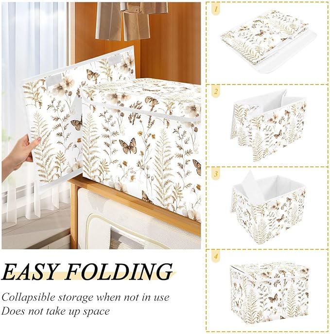 AIXIWAWA Lidded Storage Cube (Boho Butterfly Floral) Fabric Foldable Closet Bins with Flip Lid and Handles Organizer Basket Container 16.5 x 12.6 x 11.8 IN